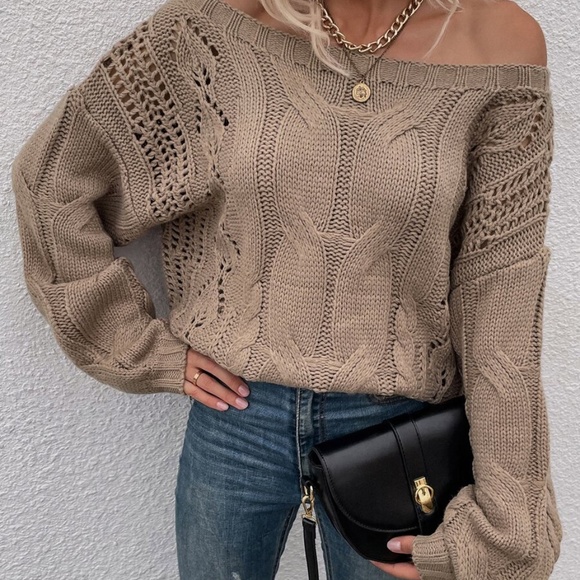 Boho Mocha Tan Off Shoulder Oversized Sweater - Picture 4 of 6